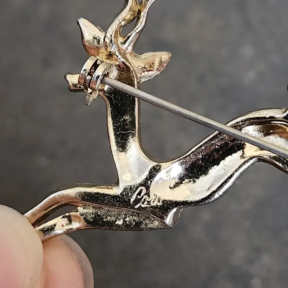 Vtg Gold Tone Brooch Pin Reindeer Ibex Gazelle Antelope Rhinestone Signed Cor.